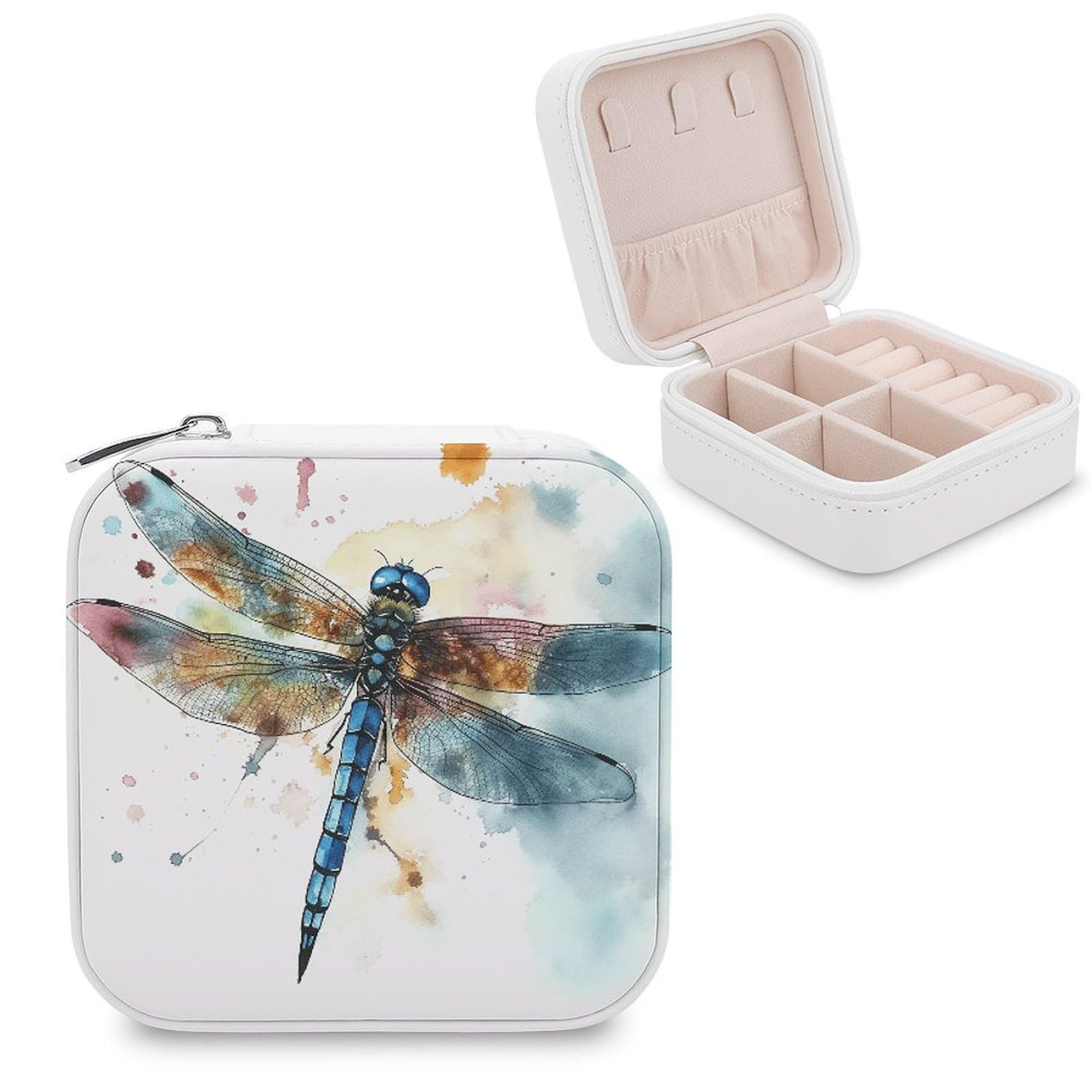 VstaDank Watercolour Dragonfly Travel Jewelry Case Zipper Portable Small Jewelry Box Custom Pu Leather Mini Traveling Jewelry Organizer for Rings Earrings Necklace Bracelet Girls Women