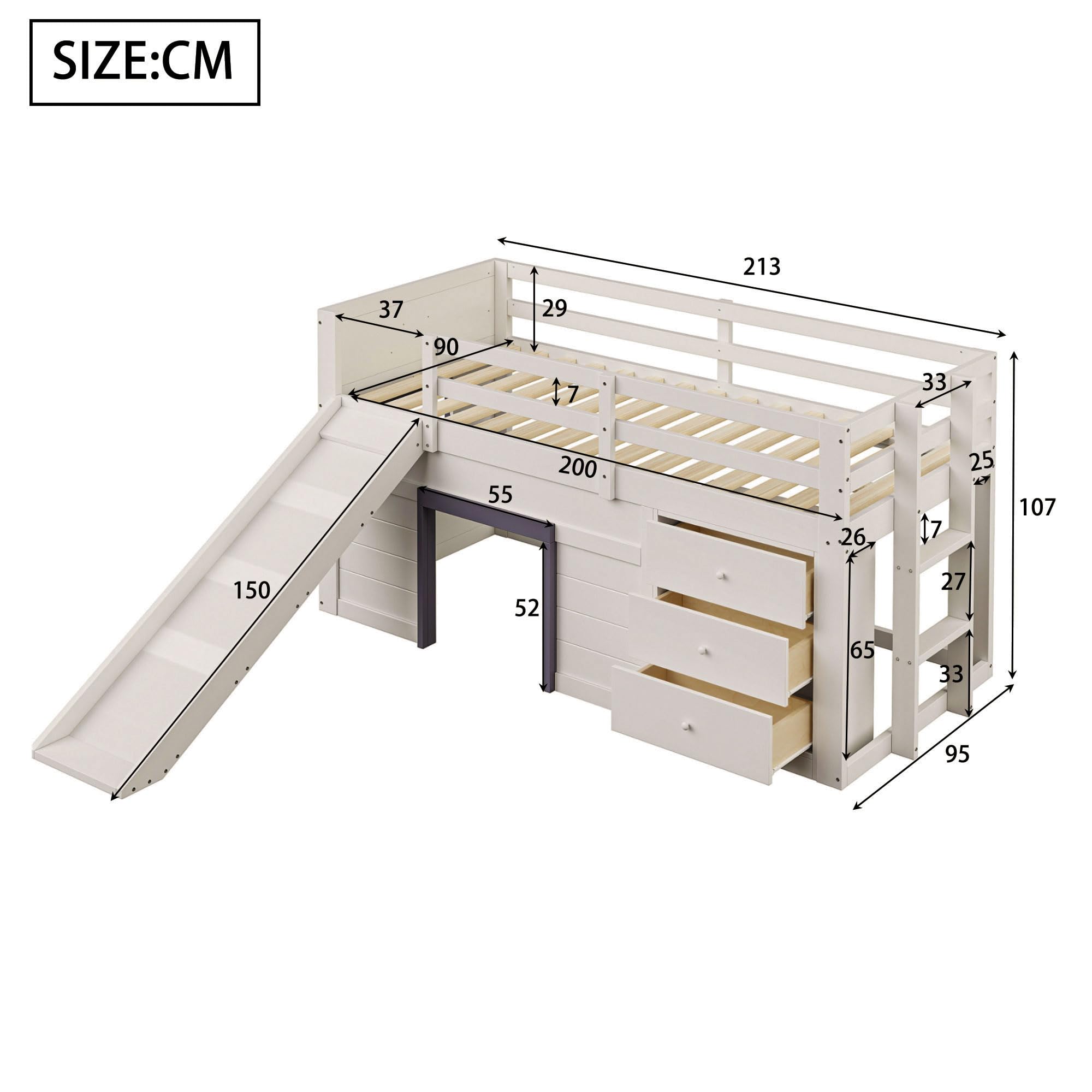 Merax Kinderbett 90x200 Funktionsbett Kinder Hochbett mit Rutsche, Stauraum, Unterhaltungsbereich unter dem Bett - Holzbett mit Lattenrost, Leiter und Rausfallschutz, Kiefer, ohne Matratze, Creme