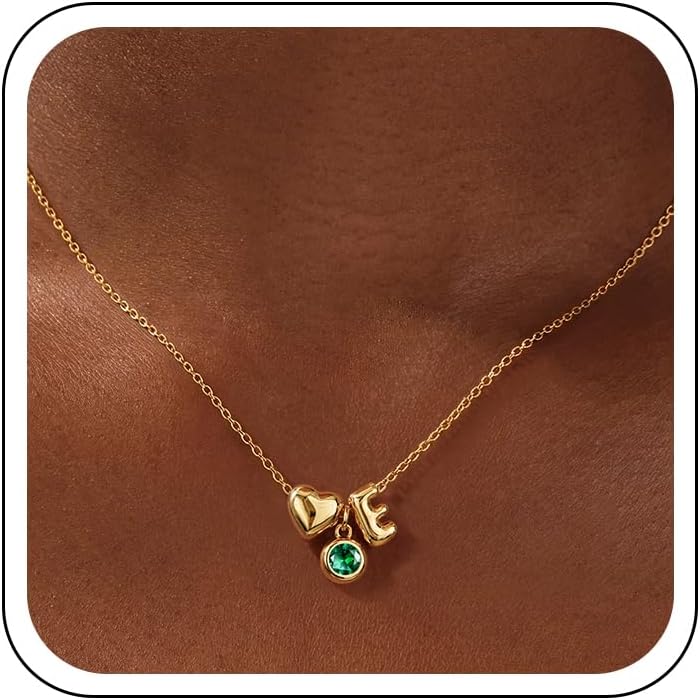 JIAOGE Initial Birthstone Necklace for Women - Letter E Heart Initial Necklaces for Women Green Emerald Necklace for Girls Birthday Gifts for Girls May Birthstone Jewelry Green Emerald Jewelry