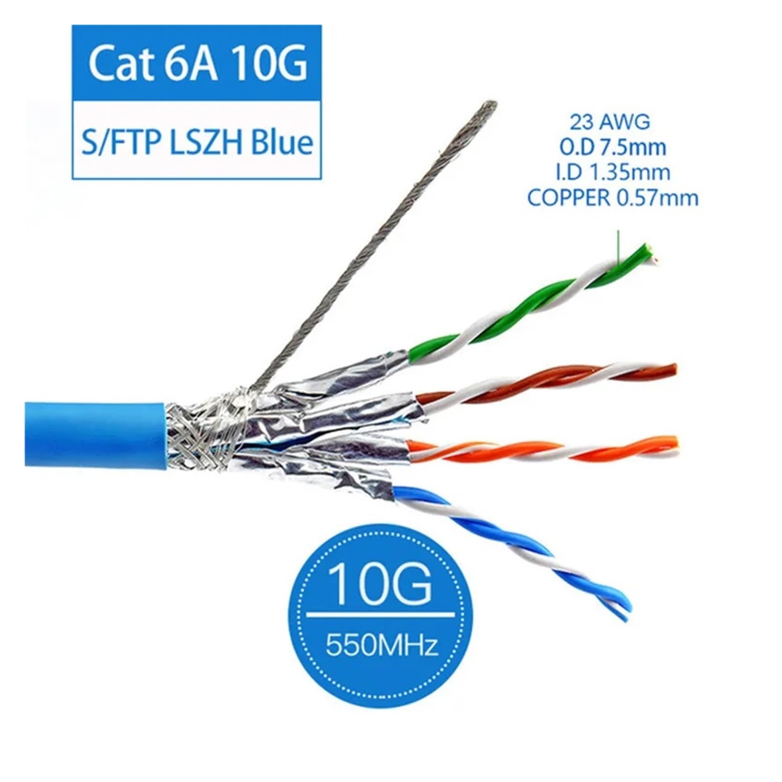 Câble Ethernet LAN Cat 6A Installation RJ45 S/FTP Double Blindage cuivre Massif 23AWG 0.57mm LSZH 10G Fil réseau Internet Bleu (Size : 20M)