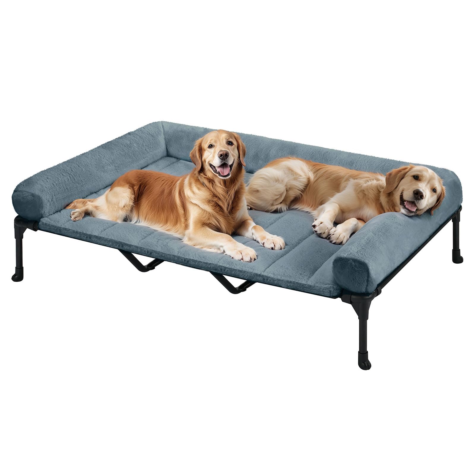 Veehoo Cooling Elevated Dog Bed with Fluffy Plush Bolster Cushion, Indoor Raised Dog Beds for Large Dogs, Soft Pet Sofa Cot with Removable Washable Mat, No-Slip Feet, 59 x 37 inches, Haze Blue