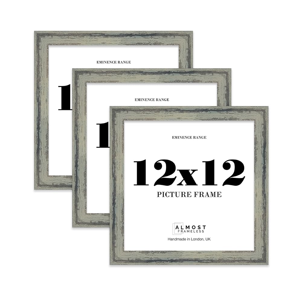 12x12" Distressed Green Picture Frame - Rustic Wood Industrial Effect Photo Frame for Wall Display, Ideal for Posters, Prints & Home Décor, Wall Hooks and Kickstand, 32mm Edge - 3 Pack