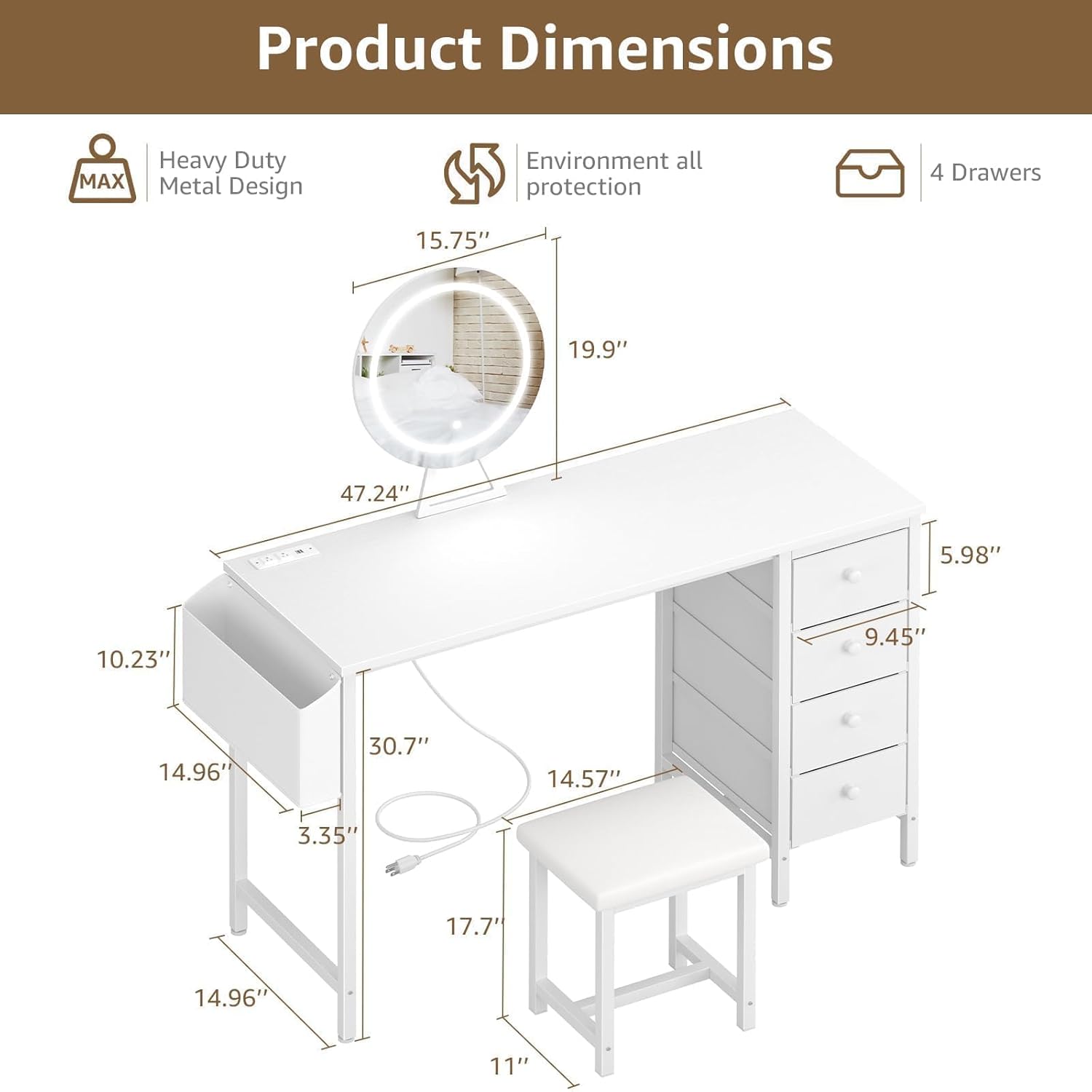 White Vanity Desk with Mirror and Light- Makeup Vanity Set Table with Chair, Storage, Lighted Mirror, 4 Large Fabric Drawers & Power Outlet, Dressing Table Vanities for Girls Bedroom