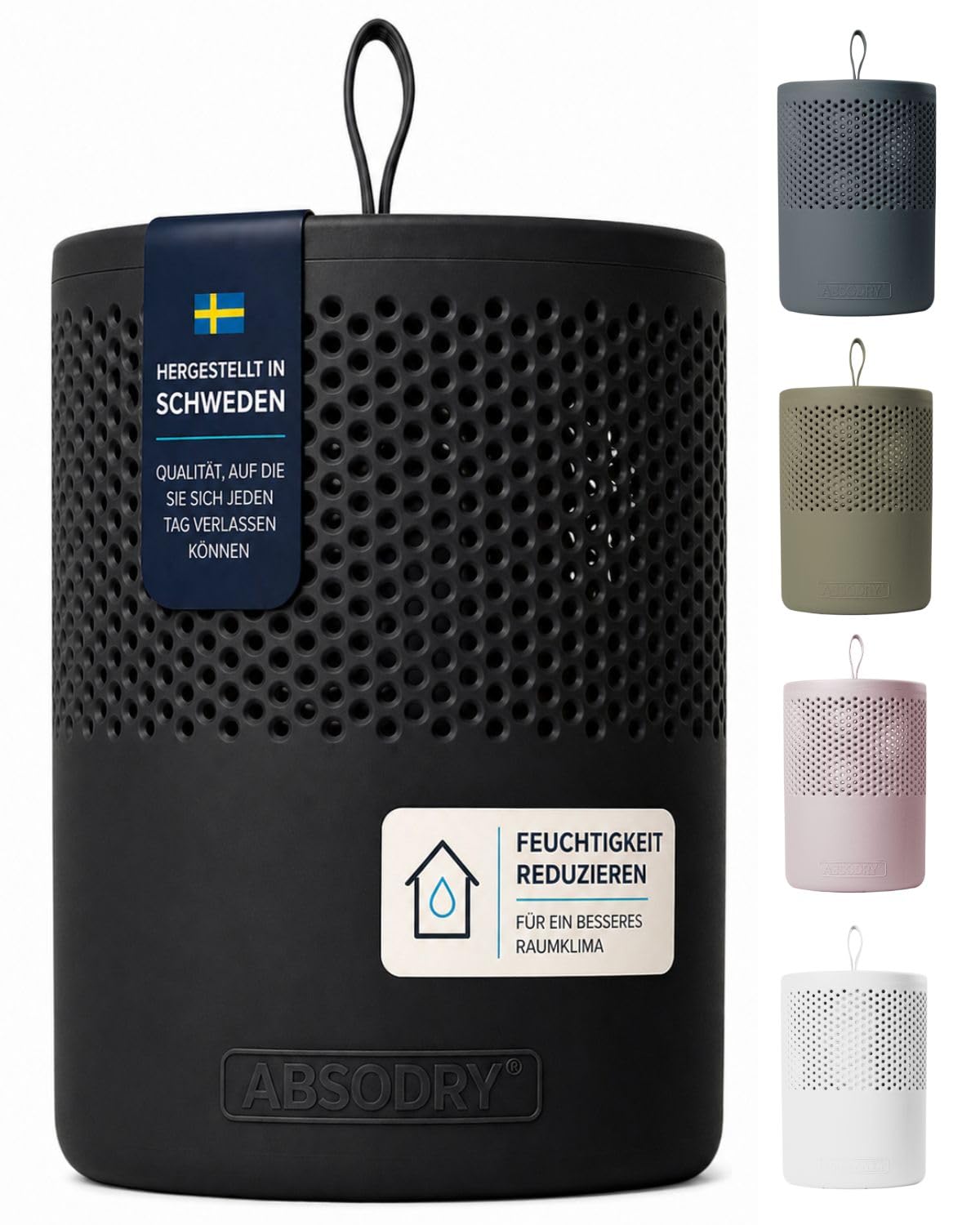 Series 6 ABSODRY Moisture Absorber with 1 x 600g bag of moisture-absorbing crystals - Lasts up to 90 days - Electricity & Battery Free - Spaces up to 50 m3 - Helps prevent Bad Odours and Mould - Black