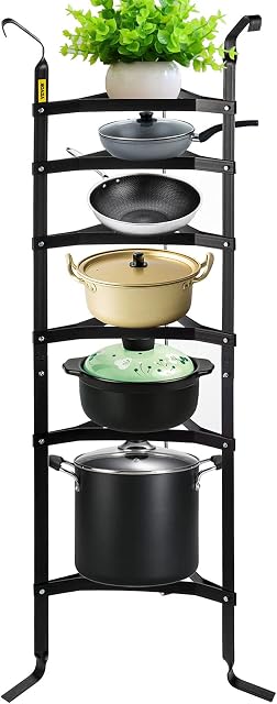 VEVOR 6-Tier Cookware Stand, 61-inch Multi-Layer Pot Rack, Carbon Steel Shelf, Storage Tower, Unassembled Kitchen Corner for Pans, Pots, Baskets and Kettles, Matte Black