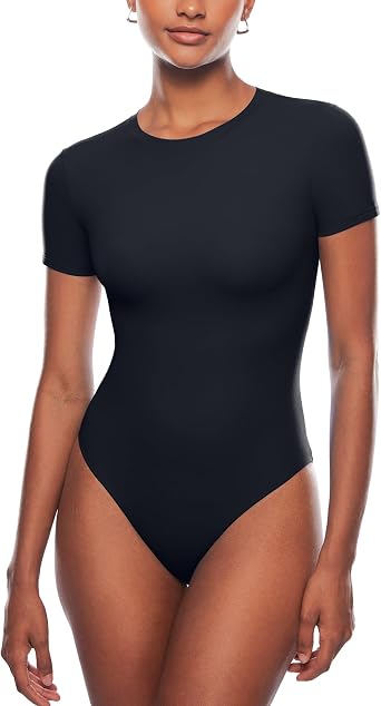 INLYRIC Womens Inbarely Short Sleeve Bodysuit Crew Neck Double Lined Casual Basic Summer Body suit Tops