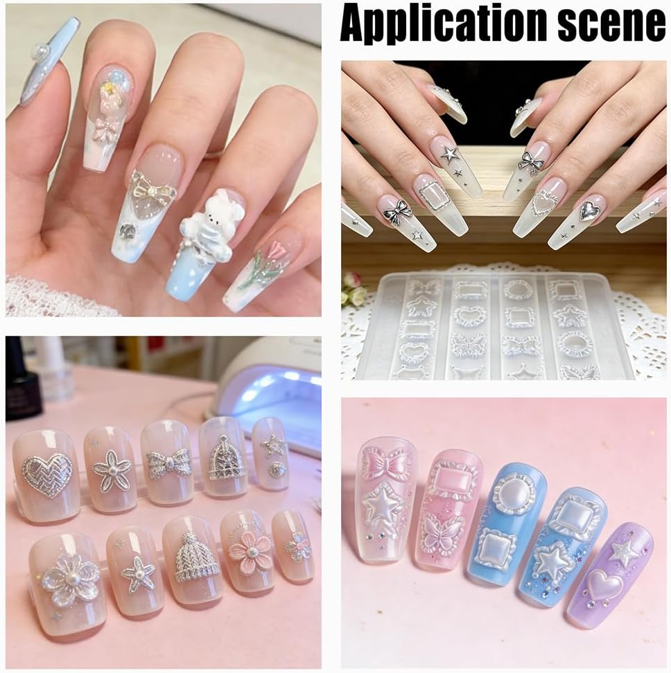 4Pcs 4 Styles Nail Mold Silicone Tools 5.31x0.39inch Nails Charms Silicone Molds Resin Nails Accessories with Nail Art Brush Pen Resin Art Mold for Women DIY Manicure Supplies