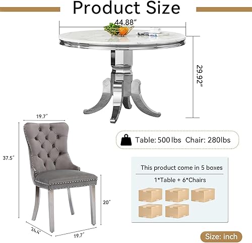 Miniatura 9 de Juego de 6 mesas de comedor redondas de mármol para 6, mesa de cocina y sillas redondas de mármol de 45 pulgadas, juego de 6, mesa de comedor