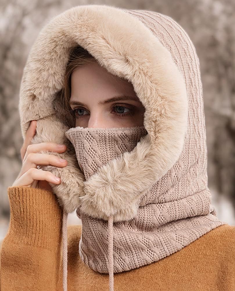 Women One Piece Slouchy Fleece Beanie Hats Scarf Mask Drawstring Warm Hooded Winter Balaclava Pullover Knitted Hat - Image 7