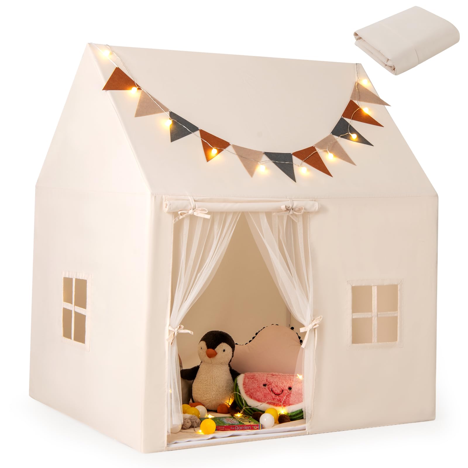 COSTWAY Kinderzelt für Drinnen, Spielhaus Kinder Indoor mit rutschfeste Matte & Lichterketten & Flaggen, Spielzelt Kinderzimmer Zelt für Kinder ab 3 Jahren