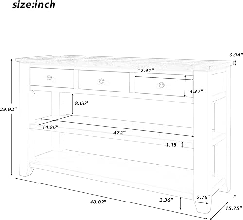 Miniatura 192 de Mesa consola de madera maciza de 48 pulgadas, mesa auxiliar moderna para sofá de entrada con 3 cajones de almacenamiento y 2 estantes. Fácil de