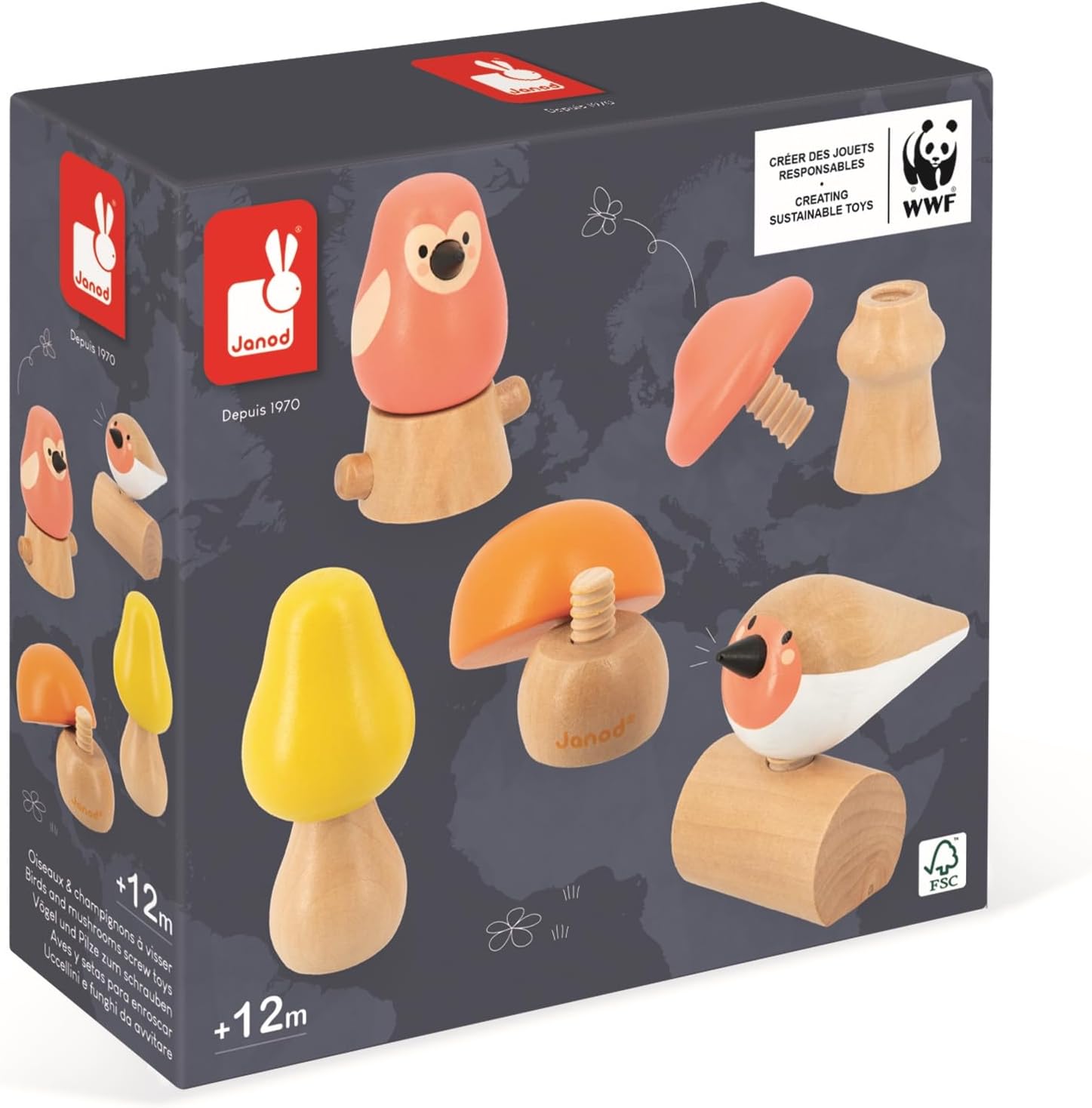 Janod 2 Birds and 3 Screw-On Mushrooms for Awakening and First Age Develops Dexterity - FSC-WWF Partnership Wooden Toy from 18 Months, Multicoloured, One Size