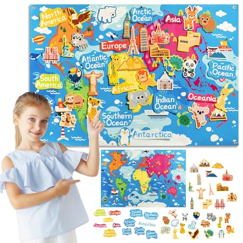 Olifty Mapa Mundi Niños de Fieltro 102x70 con Animales y Monumentos - Aprendizaje Montessori Interactivo para Jugar y Decorar la Pared - Mapa Mundi Pared Grande Infantil - Juguete Montessori 3-8 años