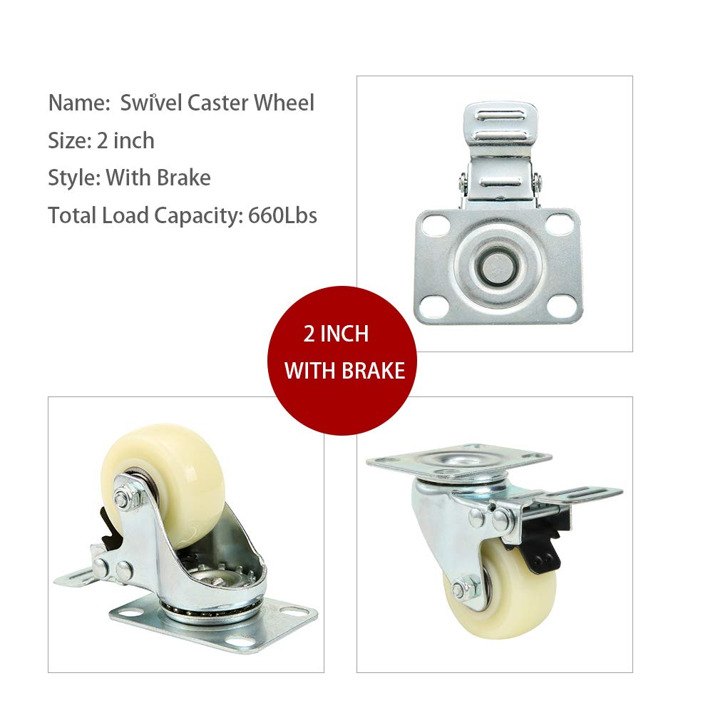 Suреr Sаlе 🛒 2’’ Caster Wheels with Brakes,Locking Caster Wheels Heavy Duty,Swivel Locking Casters Set of 4,Locking Wheels for Cart,Furniture and Work Table(2 Inches,White,with Brake)