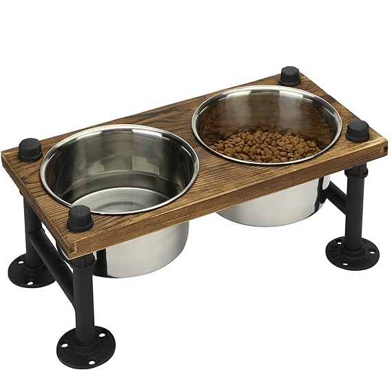 MyGift Rustic Wood and Industrial Metal Double Pet Feeder with Stand