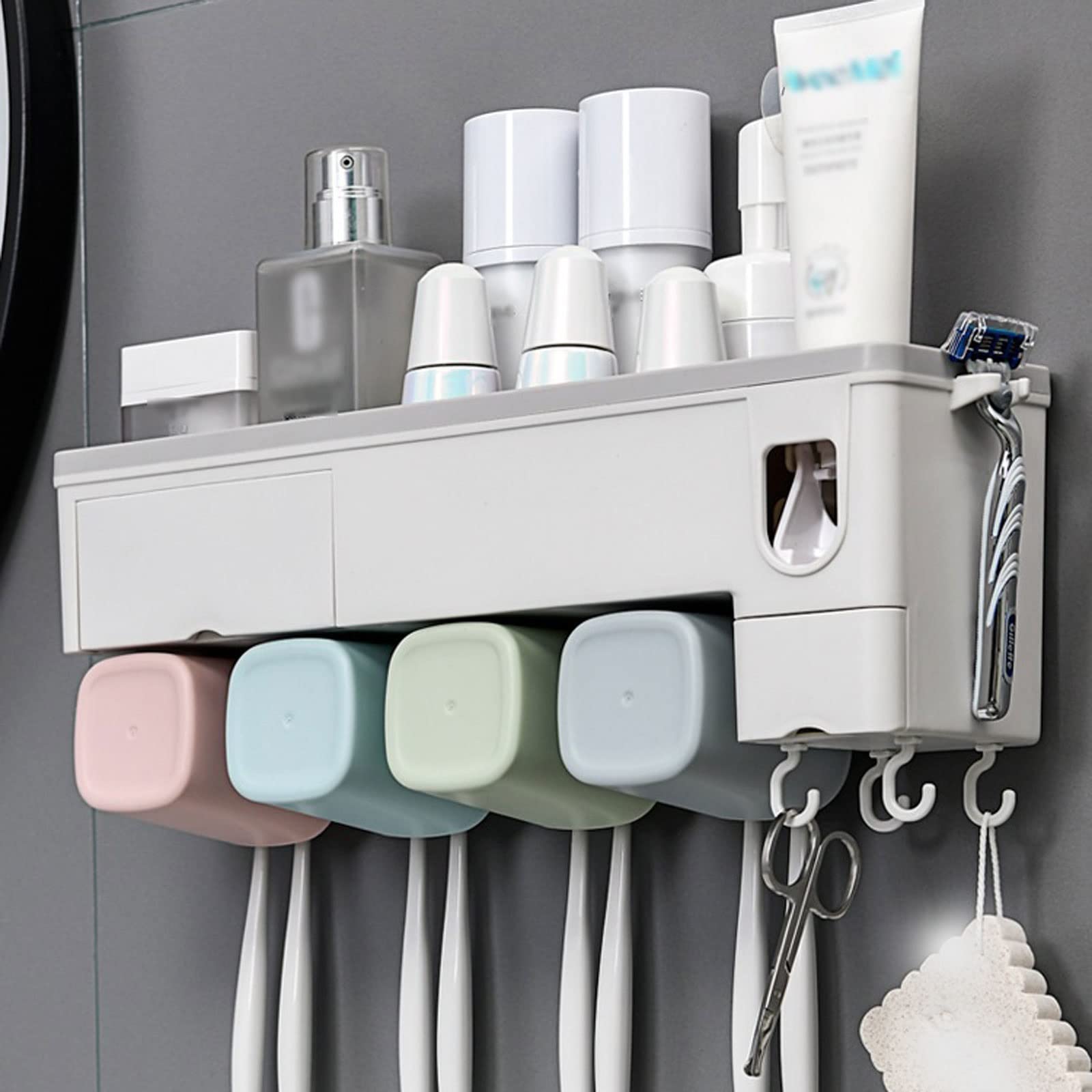 Dispensador automático de pasta de dientes con soporte para cepillo de dientes y cajón de almacenamiento, montado en la pared, para cepillos de dientes y enjuague bucal