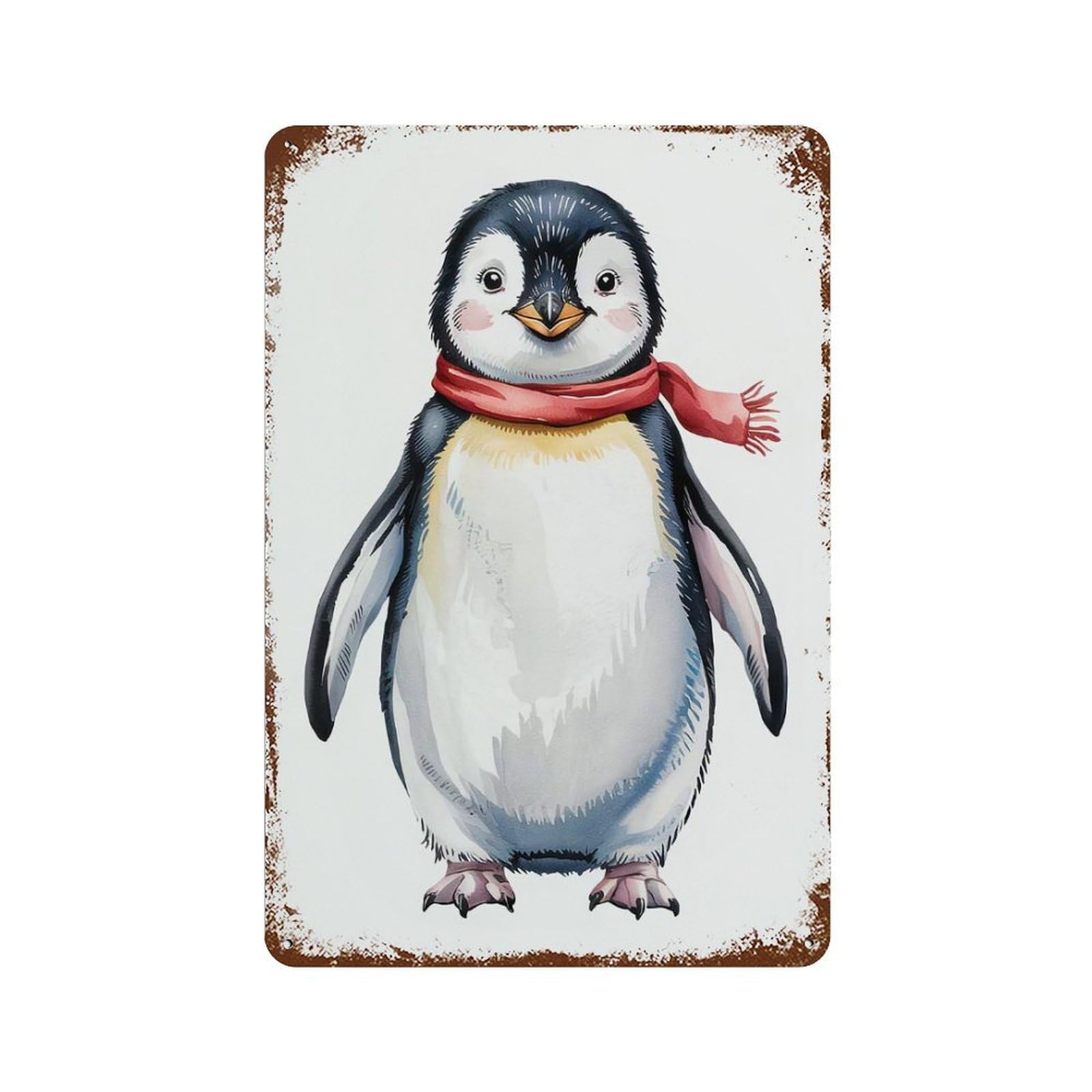 Cute Penguin Watercolor Weathered Tin Sign 11.8"x7.9", Retro Wall Decor for Pub, Kitchen And Man Cave Decor