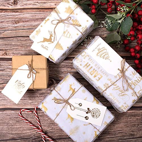 Whaline 120 Pcs Christmas Gold Foil Paper Gift Tags Holiday Hang Name Tags Label with Twine for DIY Xmas Present Happy New Year Party Decoration
