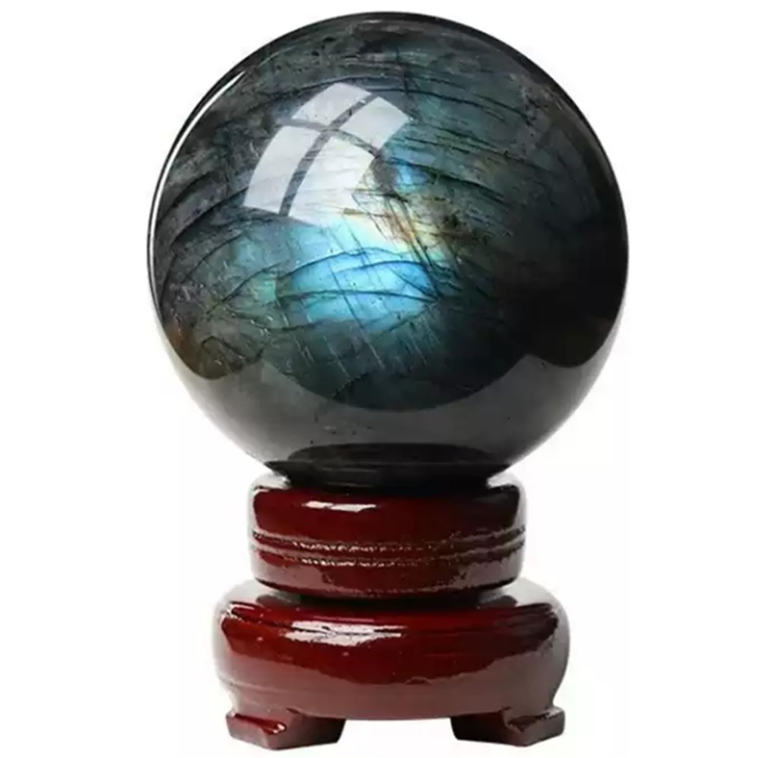 DPURPIWADY Rock Labradorite Sphere with Wooden Stand,Scrying Feng Shui Crystal Stone Sculpture Home Office Decor,3.54"(9cm)