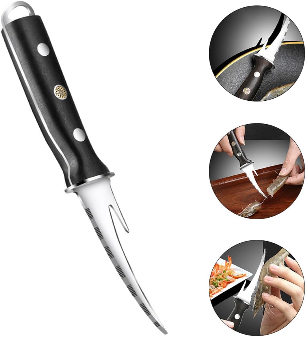 ARTIBETTER Shrimp Line Peeler and Cutter with Wooden Handle, Stainless Steel Seafood Sheller Knife for Shrimp and Fish Cleaning, Kitchen Tool for Household Seafood Preparation
