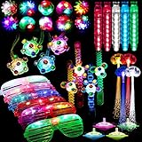 74 Pcs Light Up Toy Party Favors Glow in the Dark Party Supplies for Kid Adults with 44 Finger Lights 8 Jelly Rings 6 Glasses 4 Bracelets 4 Necklaces 4 Fiber Optic Hair Lights and 4 Spinning Top