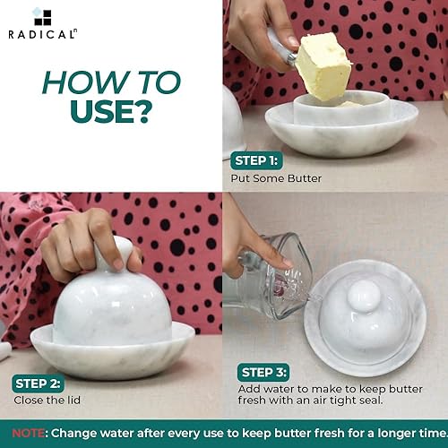 Miniatura 4 de Radicaln Mantequillera de mármol con tapa de 6 pulgadas, contenedor de almacenamiento de mantequilla hecho a mano, color blanco, ideal para
