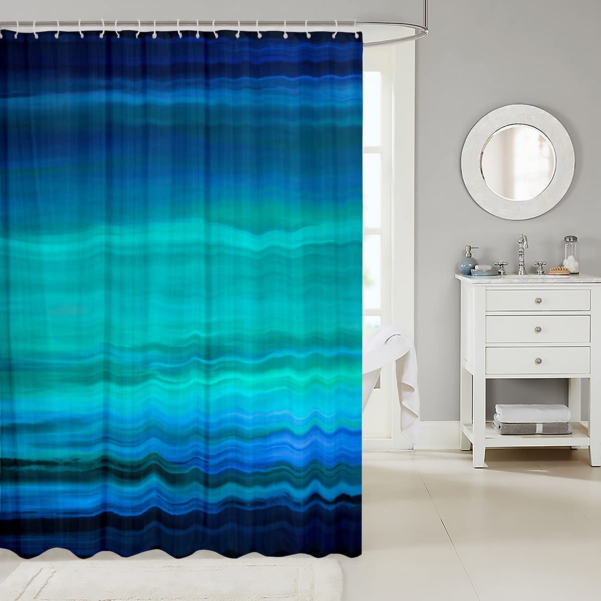 Loussiesd Blue Bathroom Fabric Deep Blue Ocean Shower Curtain Minimalist Lines for Kids Modern Waterproof Curtains Stalls Bathtubs 59x71 Inch - Image 2