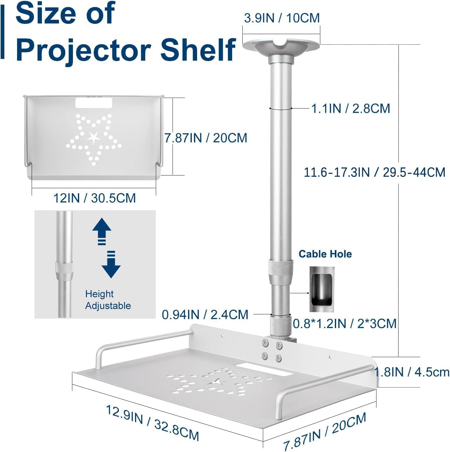 2-Be-Best Projector Ceiling Mount with Tray, 11.6-17.3IN / 29.5-44CM Height Adjustable Ceiling Projector Shelf Mount 360° Rotation (Sliver)