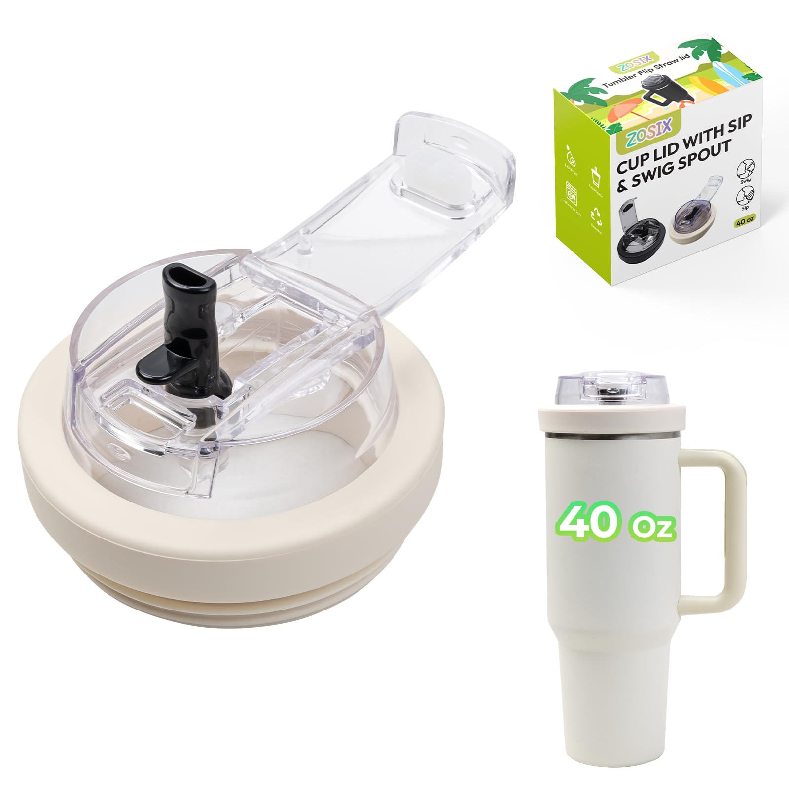 ZOISX Designed for Stanley 40 oz Flip Straw Lid, [2 Drinking Ways] Cup Lid Replacement for Stanley 40 oz, Dishwasher Safe Leak proof Spill Proof Tumbler Lid, Cream