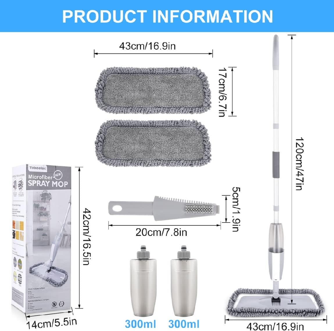 Tobeelec Spray Mop for Floor Cleaning, Microfiber Floor Mop Dry Wet Mop for Laminate Tile Ceramic Hardwood Wooden Vinyl with 2 Reusable Pads & 2 Refillable Bottle & 1 Scraper(Gray)