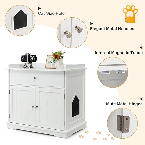 Miniatura 7 de Tangkula Caja de arena para gatos, muebles ocultos con cajón grande, 2 puertas, banco de almacenamiento para baño de gatos, mesa auxiliar para