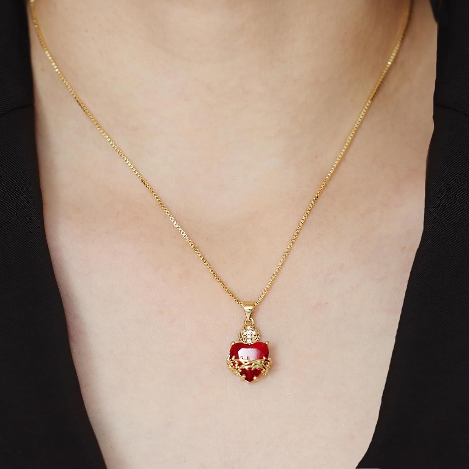 Sacred Heart Necklace for Women Gold Red Love Crystal Necklaces Unique Cross Jesus Pendant Necklace Trendy Sacred Heart of Jesus Jewelry Accessories Gifts image 2