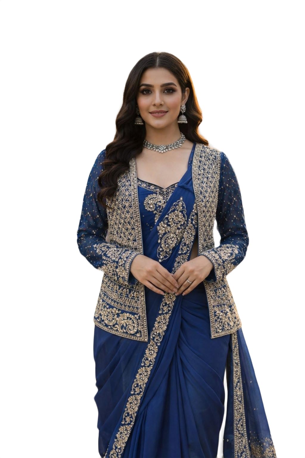 Women's Embroidered Ready to Wear Crepe Silk Saree with Koti, Blouse and Sequins Belt Set-picture-15