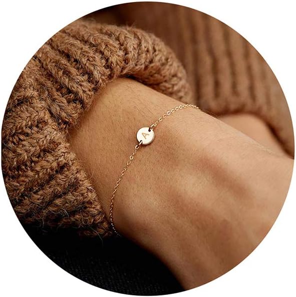 Personalized Initial Bracelet, 18K Gold Plated Stainless Steel Letter Bracelet Dainty Coin Charm Bracelet Delicate Disc Name Bracelet for Women