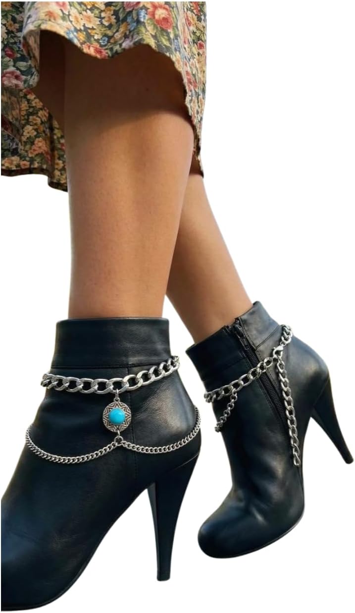 Trendy Fashion Jewelry Women Western Boot SET Silver Metal Chain Wave Bracelet Shoe Anklet Turquoise Coin Charm HANDMADE In USA BC131