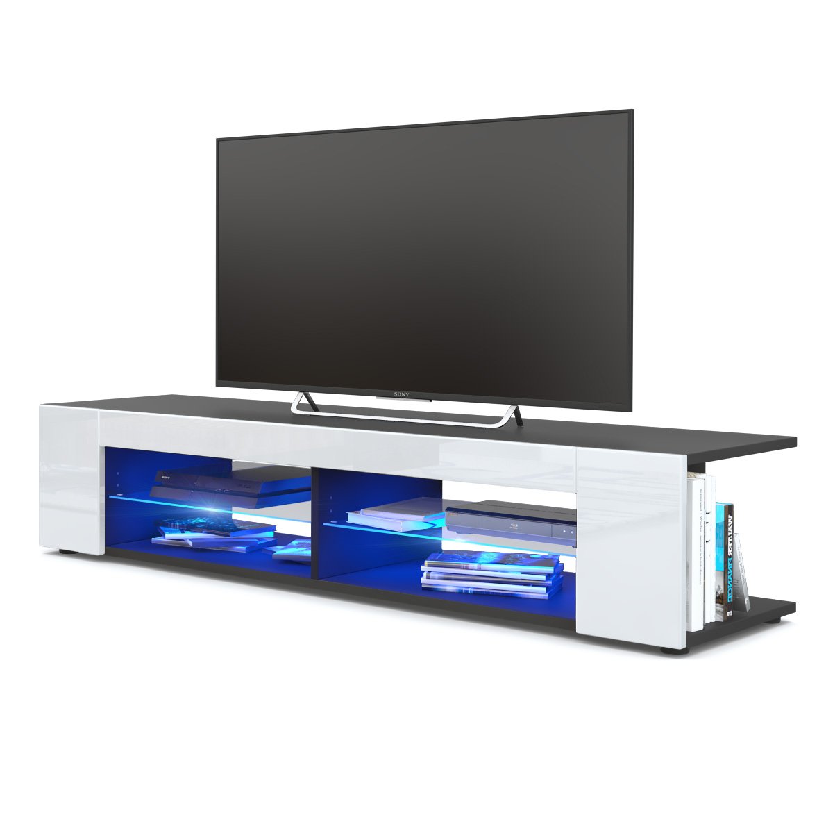 Vladon TV Unit Stand Movie, Carcass in Black matt/Front in White High