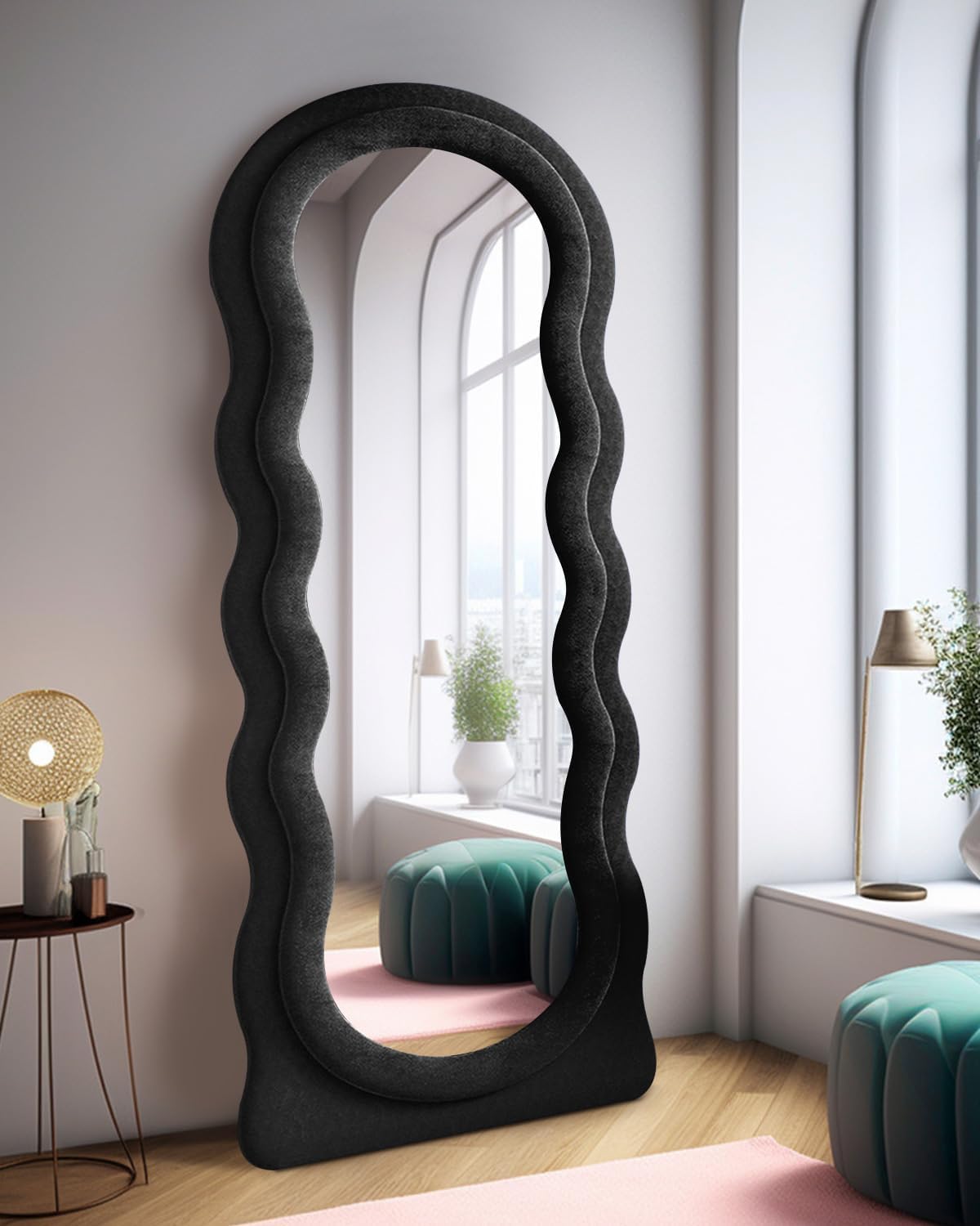 Floor Mirror with Stand, Full Length Irregular Wavy Mirror, Flannel Wrapped Wooden Frame (Black)