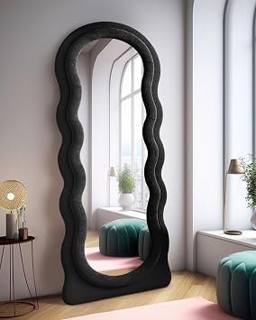 ITSRG Floor Mirror with Stand, Full Length Irregular Wavy Mirror, Flannel Wrapped Wooden Frame Black