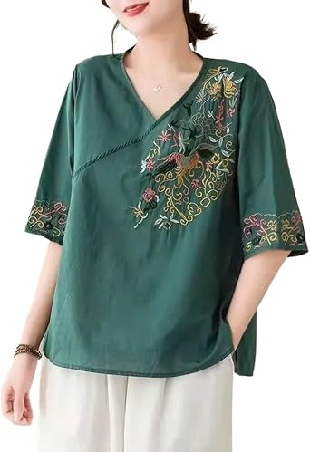 Chinese Style V-Neck Tops Loose Short Sleeve Vintage Solid Color Embroidery Shirt Summer Casual Tees Pullovers