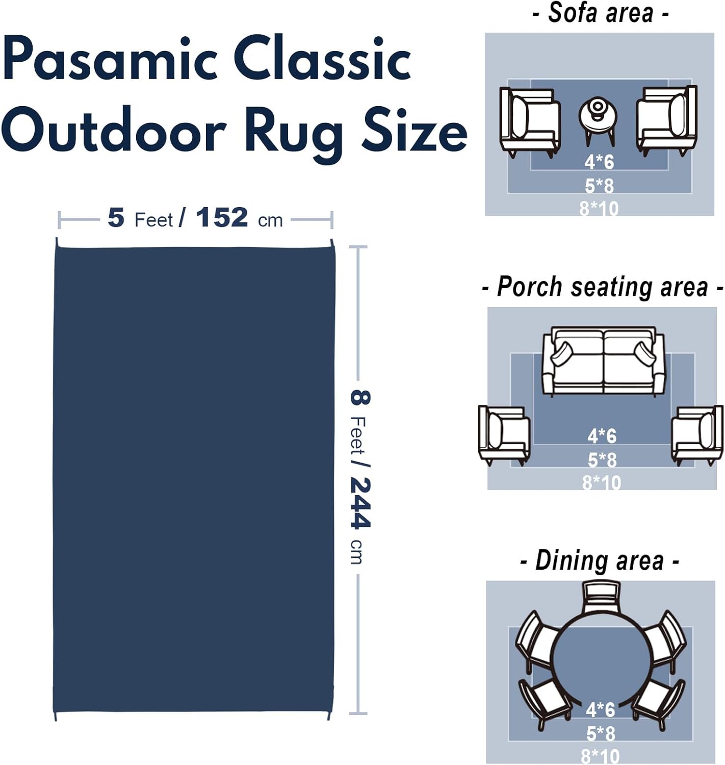PASAMIC 5x8ft Outdoor Rug Waterproof, Reversible Plastic Straw Outdoor Patio Rug Clearance, Portable Indoor Outdoor Carpet for Patio, RV, Deck, Balcony, Backyard, Picnic, Beach, Square Dashed Gray