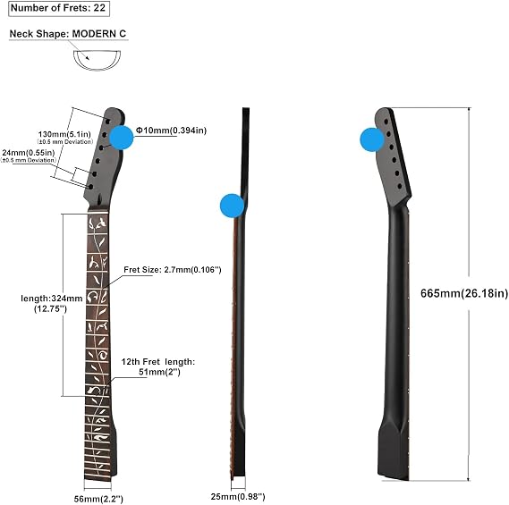Guitar Neck 22 Frets TL Canadian Maple Electric Guitar Neck 14 Radius Fingerboard, Bone Nut, Matte Black, Rosewood Fingerboard Tree of Life Carving