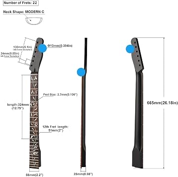 Guitar Neck 22 Frets TL Canadian Maple Electric Guitar Neck 14 Radius Fingerboard, Bone Nut, Matte Black, Rosewood Fingerboard Tree of Life Carving
