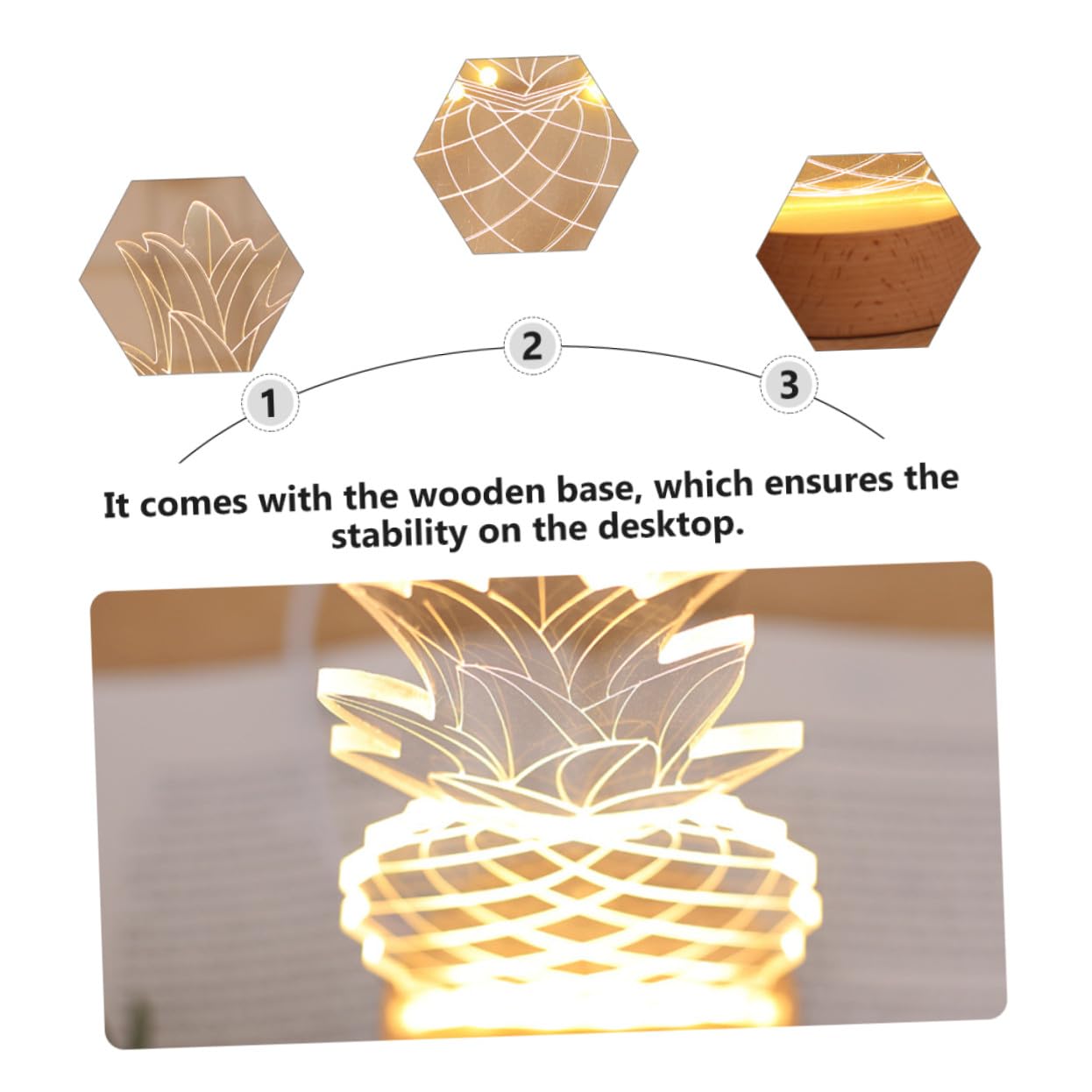 TEHAUX 3 Stck. Kreative Ananas LED Nachttischlampe mit Zartem Design und Langlebigem Material Dekoratives Nachtlicht für Wohnräume Geschenkidee Glattem Holzsockel Batteriebetrieben