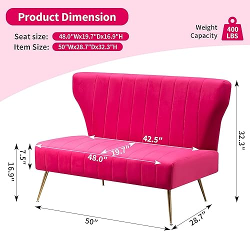Miniatura 9 de Sofá biplaza moderno de terciopelo de 50 pulgadas, sin brazos, sofá pequeño tapizado con respaldo de alas con patas de metal dorado, sofá capitonado