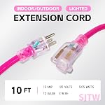 EP 10 Ft Outdoor Extension Cord, 12/3 SJTW Heavy Duty Waterproof Power Cable, 3 Prong Grounded Plug, Lighted End, for Lawn, Garden, Appliances, Pink