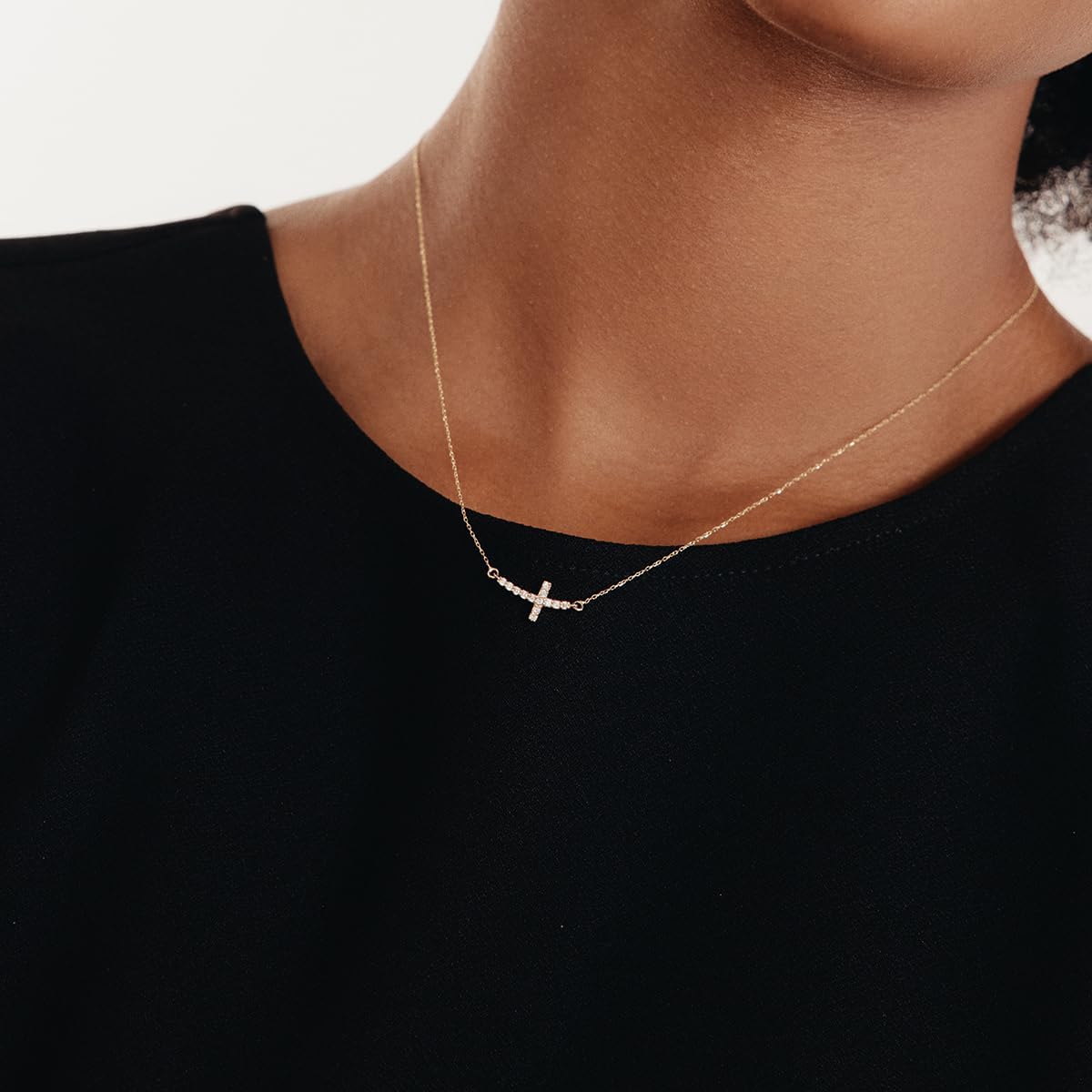 Gelin Diamond Curved Cross Necklace in 14K Solid Gold | 14k Gold Curved Cross Necklace for Women - Image 2