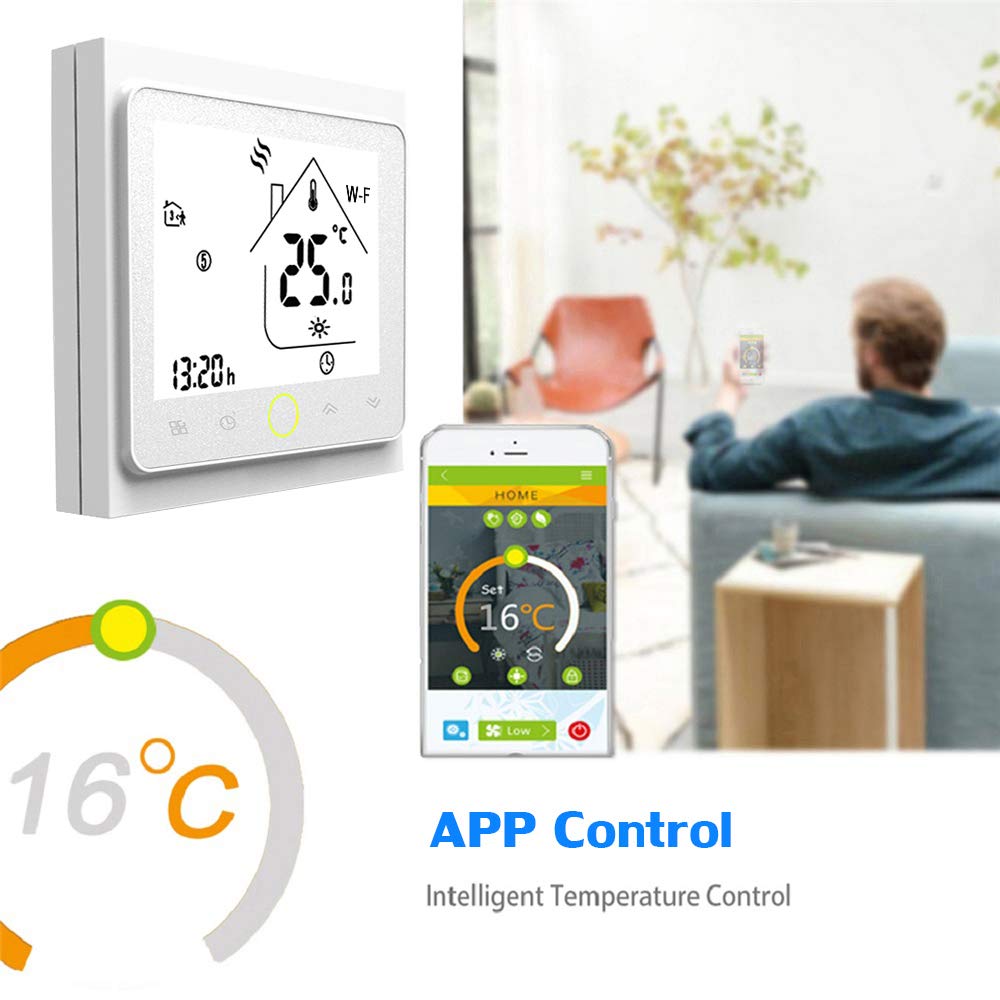 Matybobe Termostat Smart WiFi, cyfrowy termostat pokojowy z ekranem dotykowym, sterowanie aplikacją 5A, kompatybilny z Alexa Home Water Floor Heating for Home White