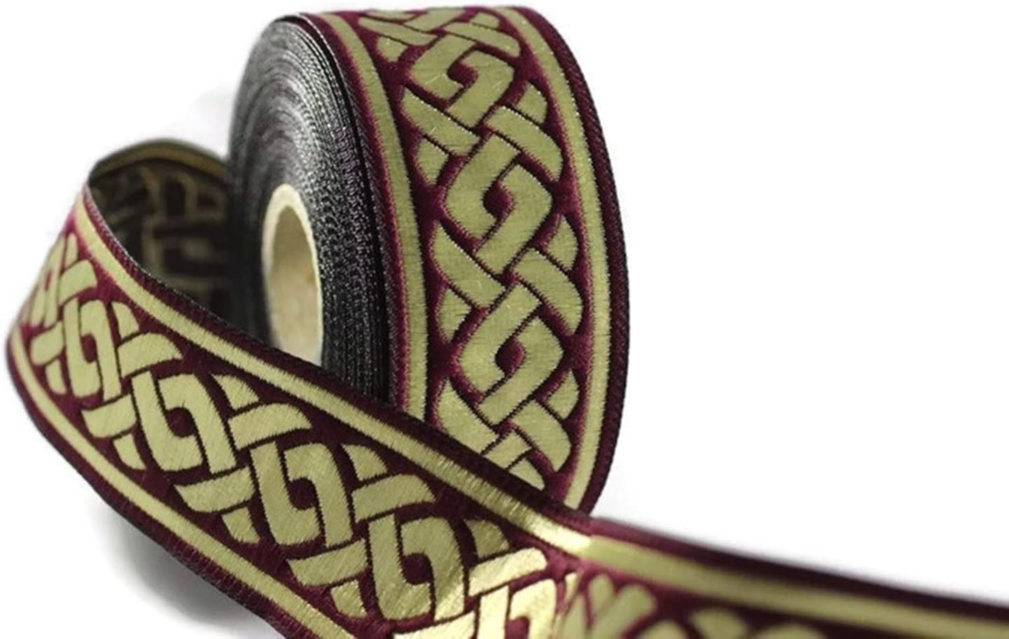 11 Yard Spool 1.37 inches Claret Red Gold Celtic Knot Jacquard Ribbon Sewing Trim Upholstery Fabric Costume Drapery Making Trimming 35069