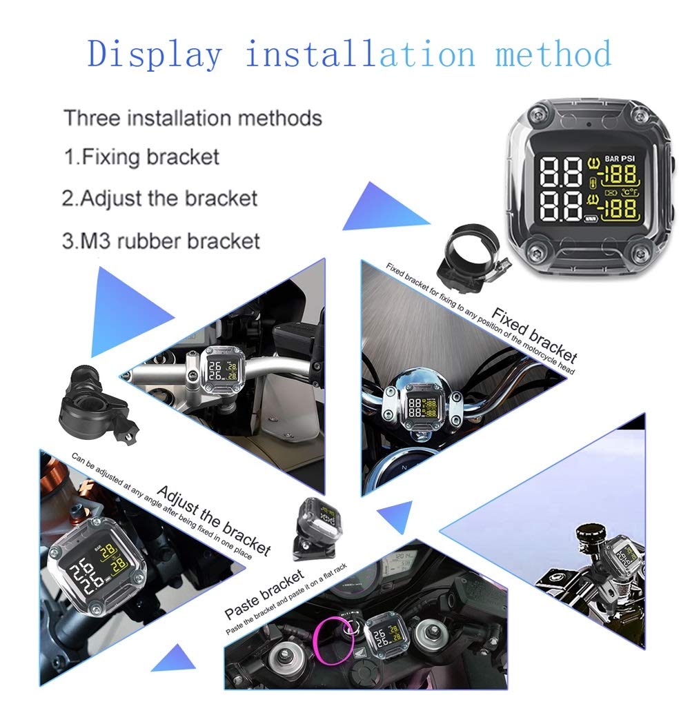 Sistema di monitoraggio della pressione dei pneumatici TPMS per moto, senza fili, con allarme, display LCD ricaricabile, in tempo reale, per moto a due ruote, bicicletta, 2 sensori esterni
