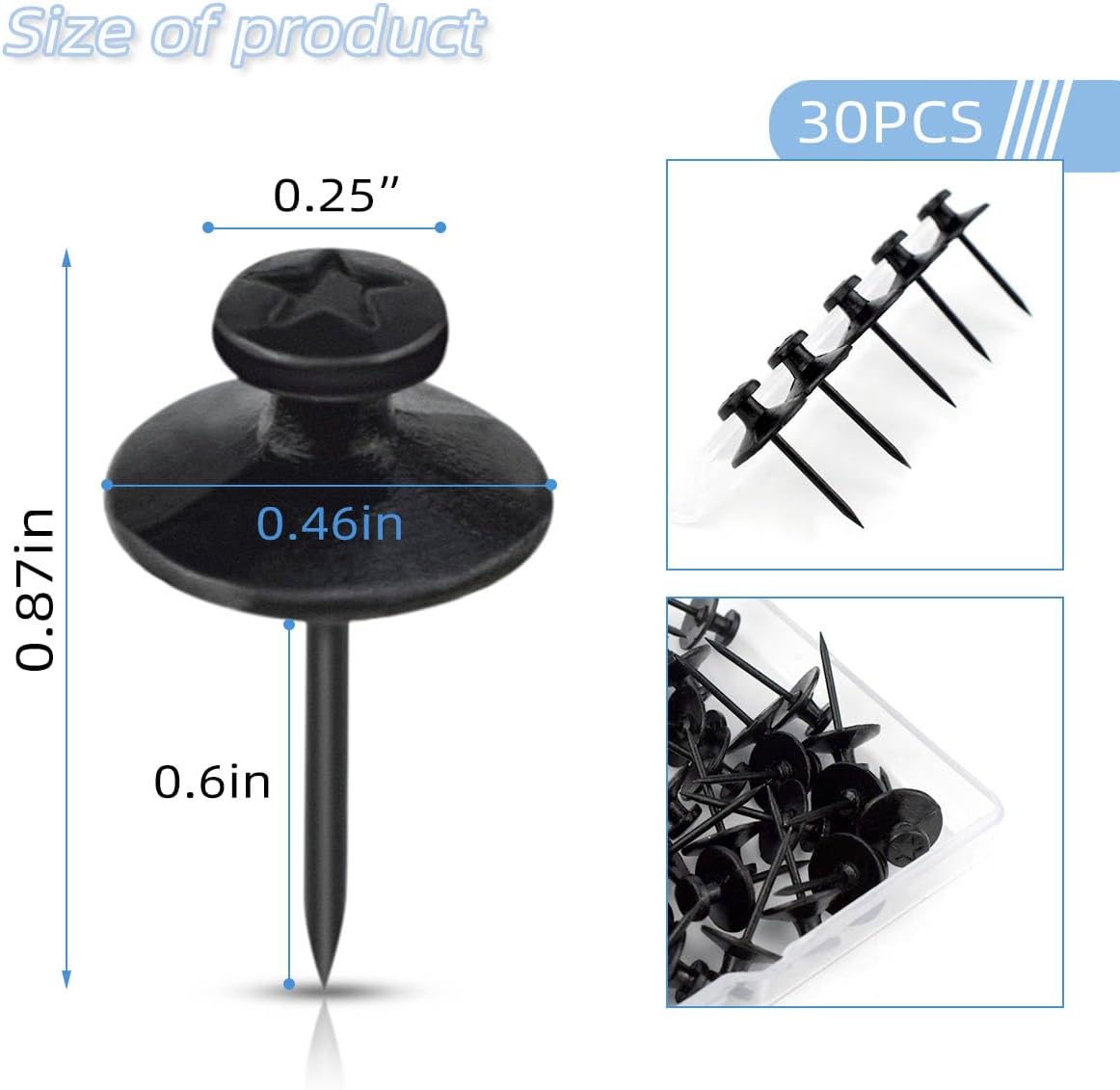 30 Pieces Double Headed Picture Hangers Nails Picture Hanging Tacks for Wall Decorative Small Nails Pins for Photo Push Pins Thumb Tack Hanging Hook Pins for Home & Office Decorations (Black)